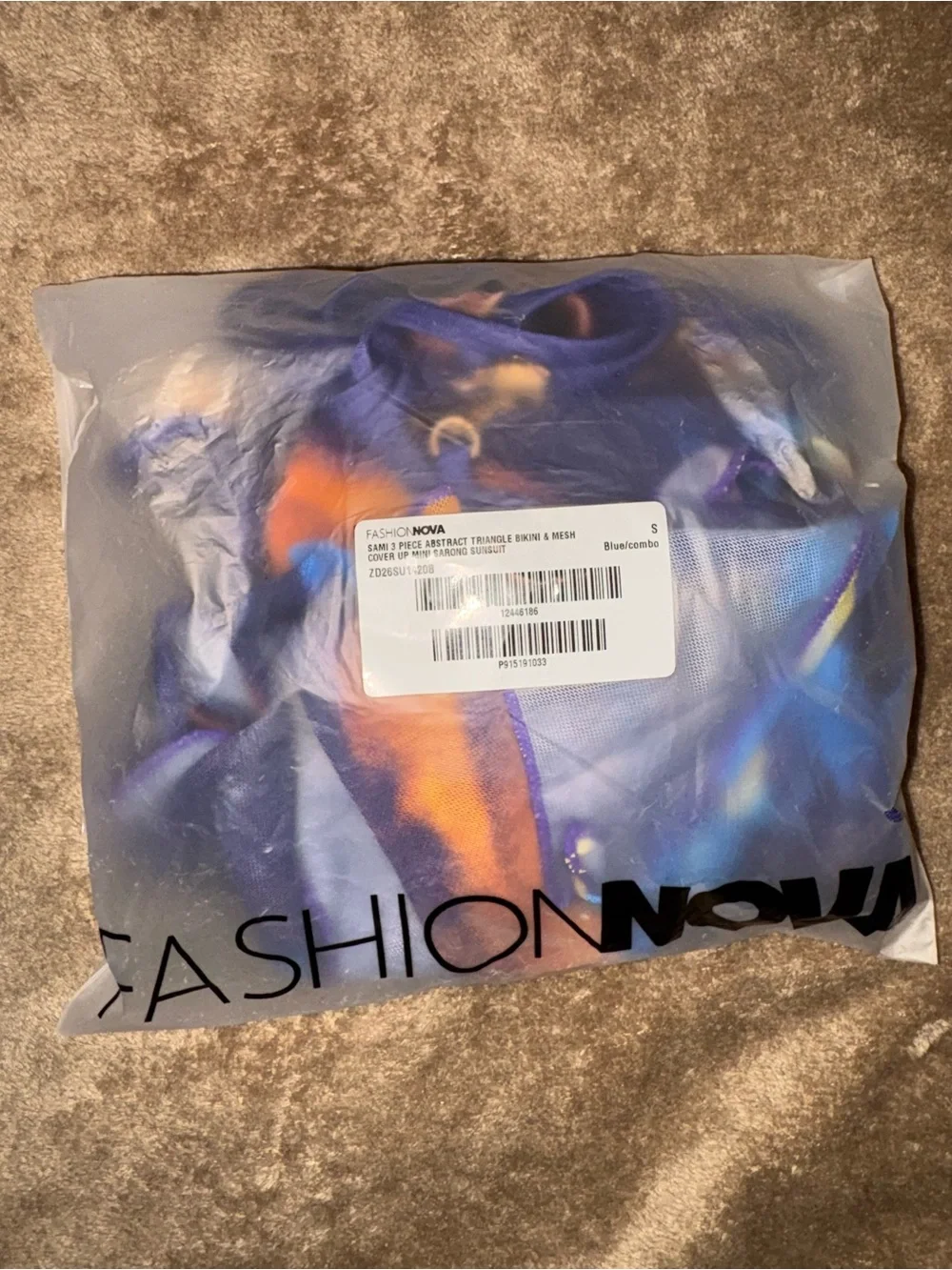 NWT Fashion Nova Purple, Orange & Blue Tie-Dye String Bikini 3pc Set